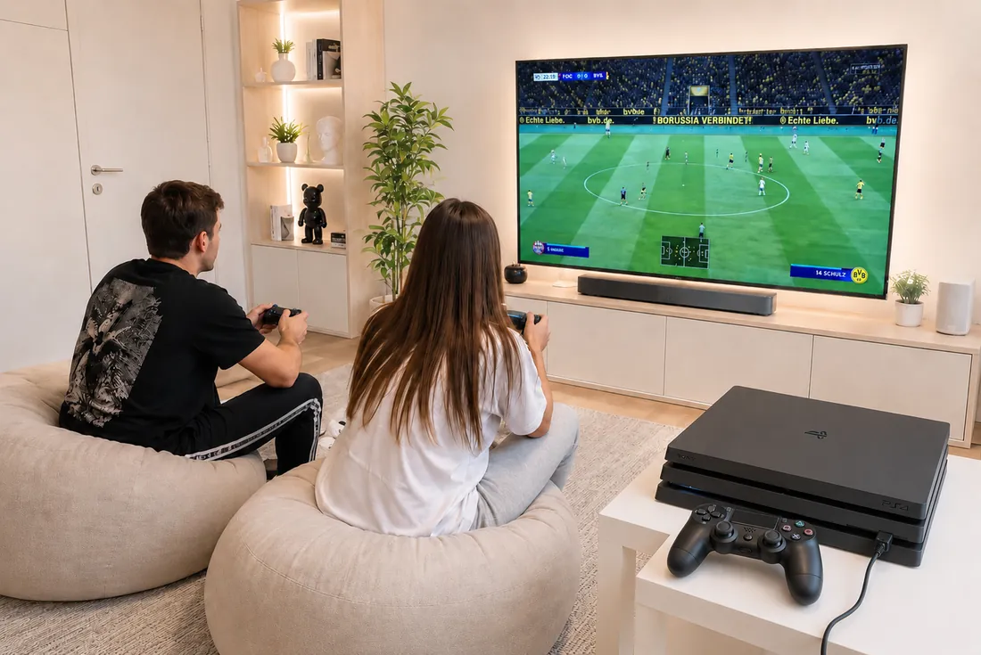 Пара играет в FIFA на PlayStation 4 в гостиной
